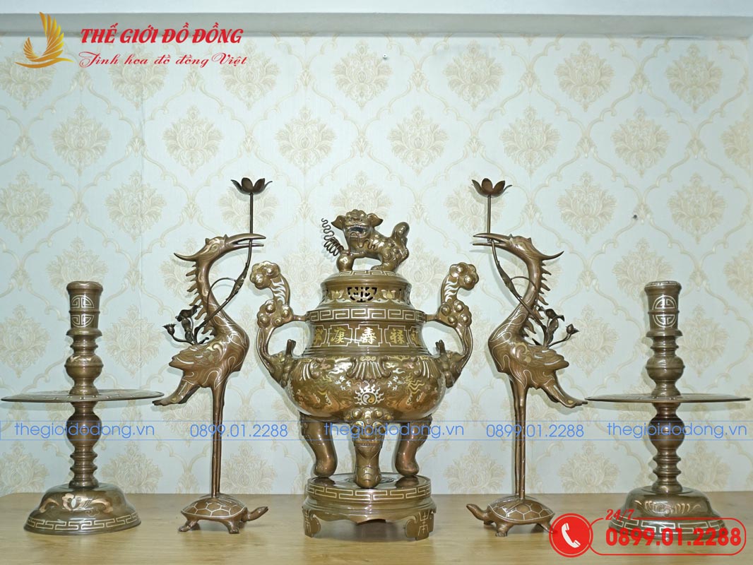 bo-ngu-su-dong-do-hoa-tiet-soi-kham-tam-khi-cao-60cm bộ ngũ sự đồng đỏ họa tiết sòi khảm tam khí cao 60cm-01