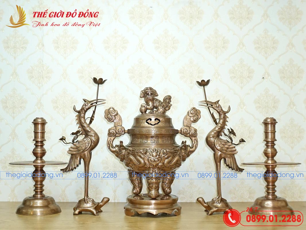 bo-ngu-su-hoa-tiet-rong-dong-do-cao-60cm-01 bộ ngũ sự họa tiết rồng đồng đỏ cao 60cm - 01