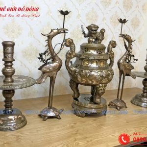 bộ ngũ sự đồng đỏ họa tiết sòi khảm tam khí cao 60cm-01