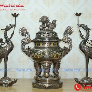 bộ tam sự đỉnh hạc đồng đỏ khảm ngũ sắc - 01