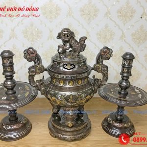 bộ tam sự đỉnh nến đồng đỏ khảm ngũ sắc - 03