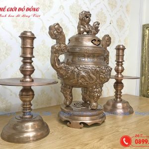 bộ tam sự đỉnh nến họa tiết rồng đồng đỏ cao 60cm - 02