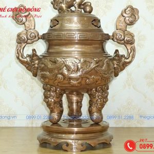 đỉnh đồng thờ cúng đồng đỏ họa tiết rồng cao 60cm - 04
