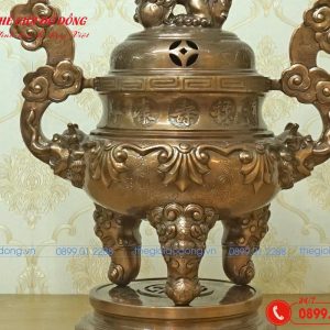 đỉnh đồng thờ cúng đồng đỏ họa tiết sòi cao 60cm - 02