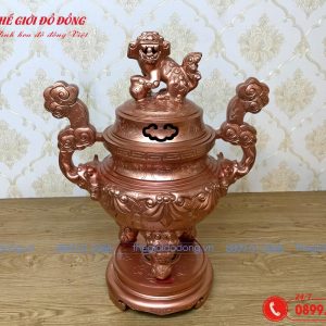 đỉnh đồng thờ cúng họa tiết sòi đồng đỏ nguyên bản - 03