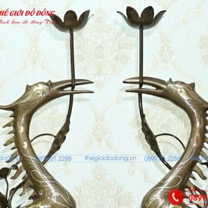 đôi hạc thờ bằng đồng đỏ khảm tam khí cao 50cm-03