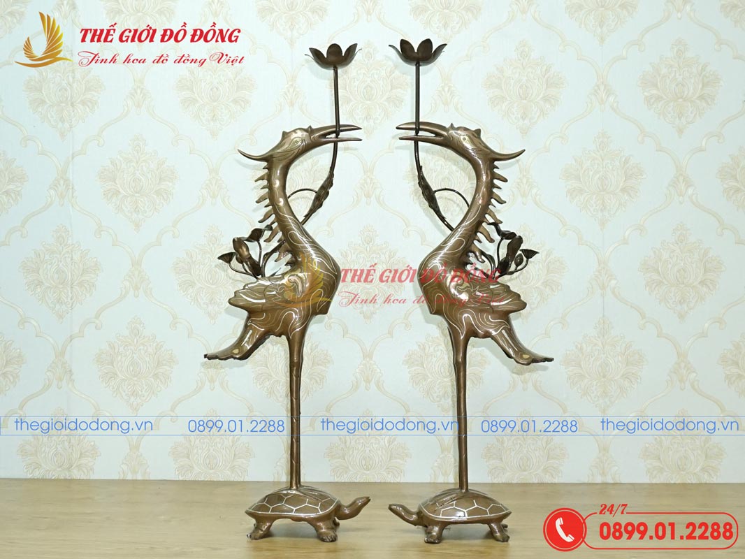 doi-hac-bang-dong-do-kham-tam-khi-cao-50cm đôi hạc thờ bằng đồng đỏ khảm tam khí cao 50cm-01