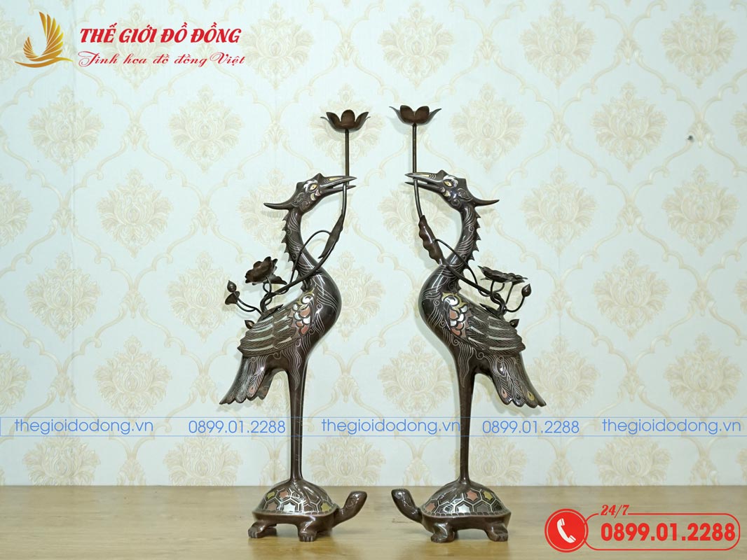 doi-hac-tho-bang-dong-do-kham-ngu-sac-01 đôi hạc thờ cúng bằng đồng đỏ khảm ngũ sắc