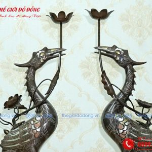 đôi hạc thờ cúng bằng đồng đỏ khảm ngũ sắc - 02