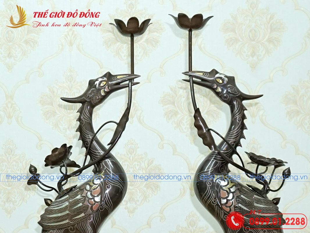 doi-hac-tho-bang-dong-do-kham-ngu-sac-02 đôi hạc thờ cúng bằng đồng đỏ khảm ngũ sắc - 02