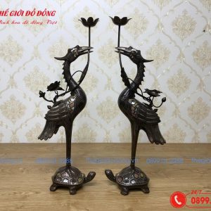 đôi hạc thờ cúng bằng đồng đỏ khảm ngũ sắc-03