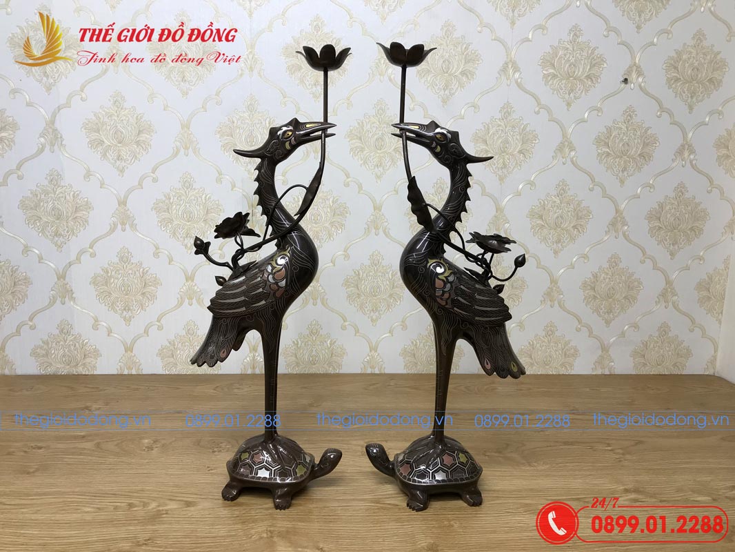 doi-hac-tho-bang-dong-do-kham-ngu-sac-03 đôi hạc thờ cúng bằng đồng đỏ khảm ngũ sắc-03
