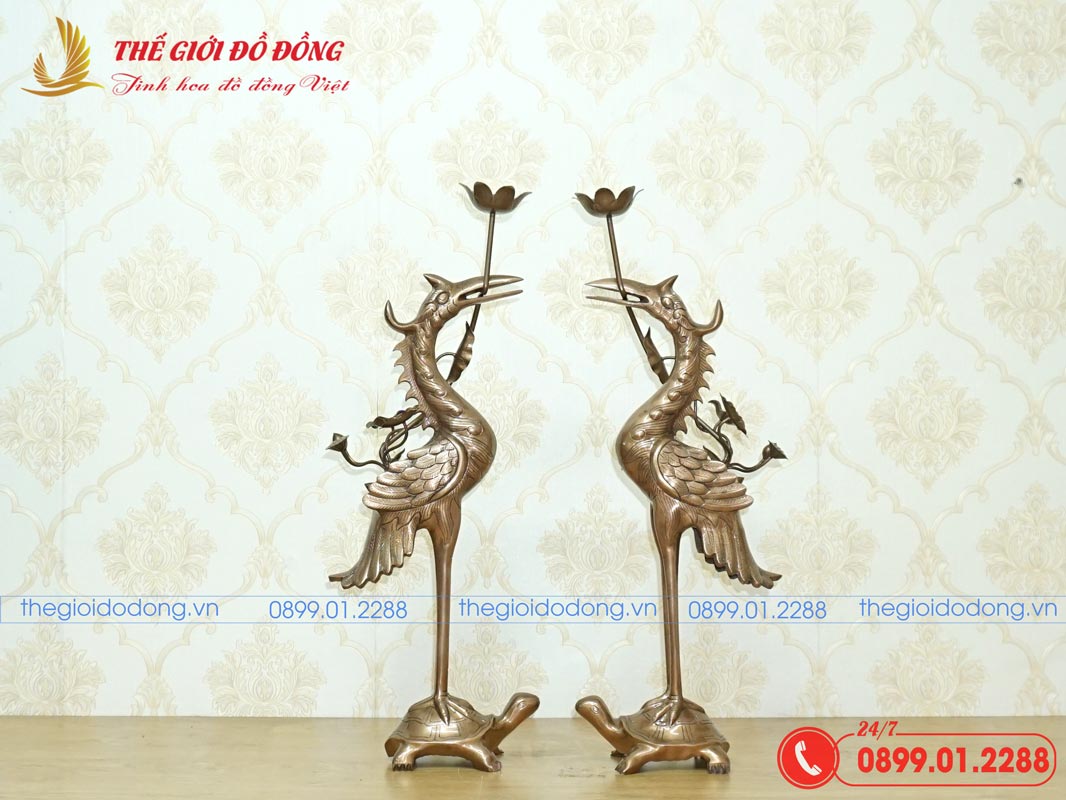 doi-hac-tho-cung-dong-do-moc-cao-50cm-01 đôi hạc thờ cúng đồng đỏ mộc cao 50cm - 01