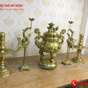 bộ ngũ sự hoa văn rồng màu vàng đậm cao 60cm - 03