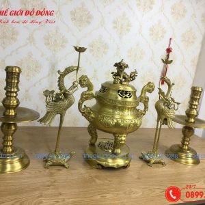 bộ ngũ sự hoa văn sòi màu vàng đậm cao 50cm - 02