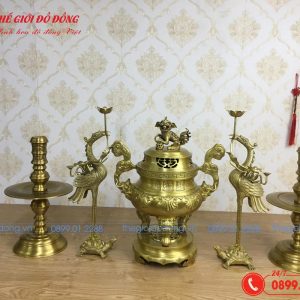 bộ ngũ sự hoa văn sòi màu vàng đậm cao 50cm - 03