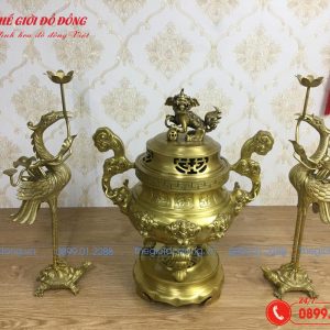 bộ tam sự hạc hoa văn dơi đào màu vàng đậm cao 50cm - 02
