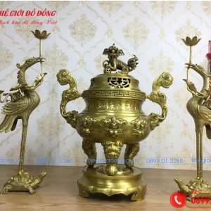 bộ tam sự hạc hoa văn dơi đào màu vàng đậm cao 50cm - 03