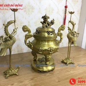 bộ tam sự hạc hoa văn dơi đào màu vàng đậm cao 50cm - 04