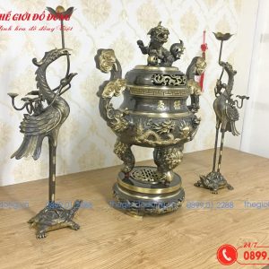 bộ tam sự hạc hoa văn rồng màu xanh cạo cao 60cm - 03