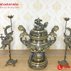bộ tam sự hạc hoa văn rồng màu xanh cạo cao 60cm - 04