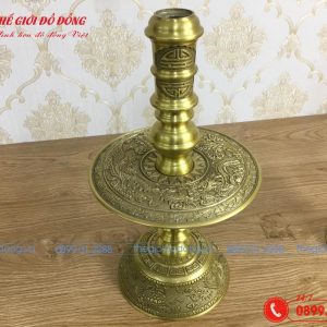 đôi chân nến thờ cúng hoa văn rồng màu vàng đậm - 02