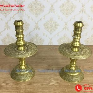đôi chân nến thờ cúng hoa văn rồng màu vàng đậm - 04