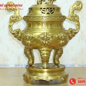 đỉnh đồng thờ cúng họa tiết dơi đào màu vàng đậm cao 50cm - 02