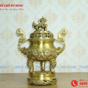 đỉnh đồng thờ cúng họa tiết rồng màu vàng đậm cao 50cm - 04