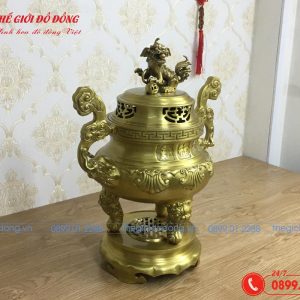 đỉnh đồng thờ cúng họa tiết sòi màu vàng đậm cao 60 cm