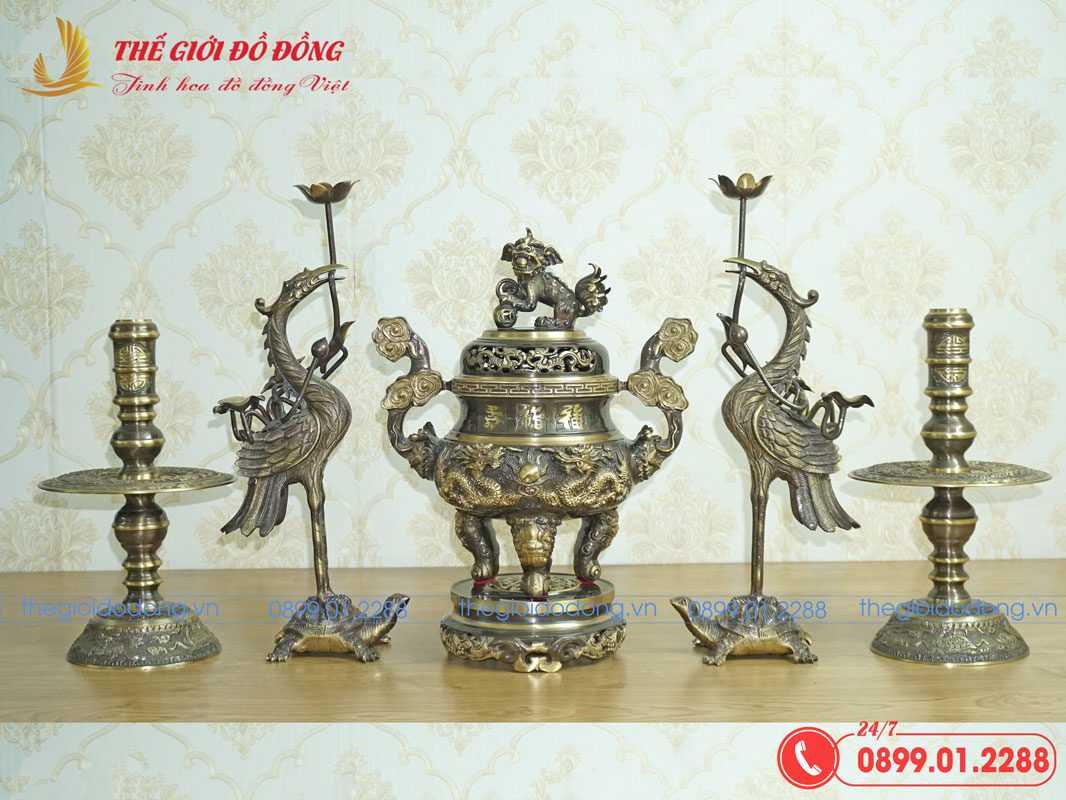 bo-ngu-su-dinh-rong-mau-xanh-cao-cao-40cm-01 bộ ngũ sự đỉnh rồng màu xanh cạo cao 40cm - 01