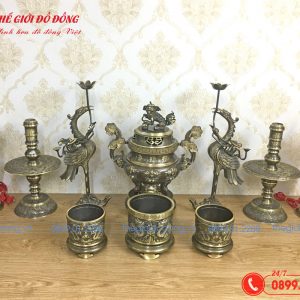 bộ đồ thờ 10 món đỉnh dơi đào màu xanh cạo cao 40cm - 03