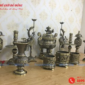bộ đồ thờ 12 món đỉnh dơi đào màu xanh cạo cao 40cm - 02
