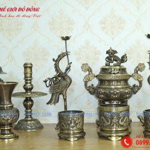 bộ đồ thờ 12 món đỉnh dơi đào màu xanh cạo cao 40cm - 04