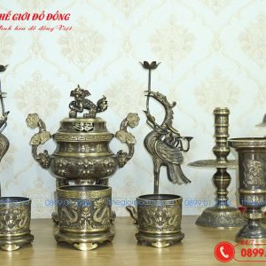 bộ đồ thờ 12 món đỉnh dơi đào màu xanh cạo cao 40cm - 06