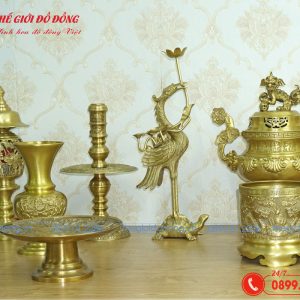 bộ đồ thờ 12 món đỉnh sòi màu vàng đậm cao 40cm - 04