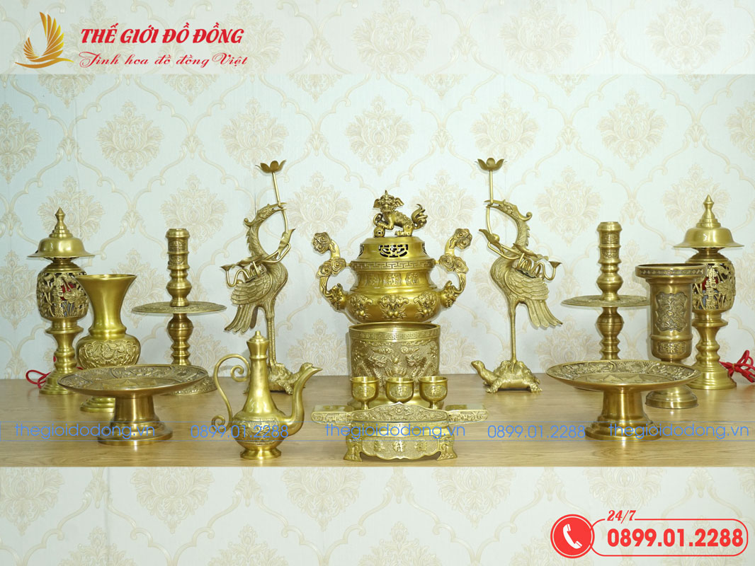 bo-do-tho-14-mon-dinh-doi-dao-mau-vang-dam-cao-40cm-01 bộ đồ thờ 14 món đỉnh sòi dơi đào màu vàng đậm cao 40cm - 01
