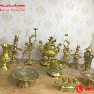bộ đồ thờ 14 món đỉnh sòi dơi đào màu vàng đậm cao 40cm - 02