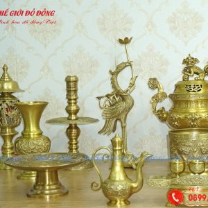 bộ đồ thờ 14 món đỉnh dơi đào màu vàng đậm cao 40cm - 04