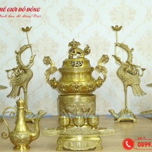 bộ đồ thờ 14 món đỉnh dơi đào màu vàng đậm cao 40cm - 05