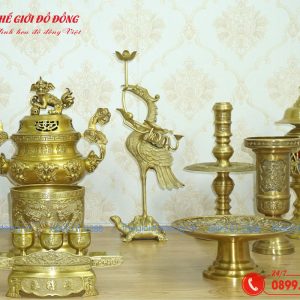 bộ đồ thờ 14 món đỉnh dơi đào màu vàng đậm cao 40cm - 06