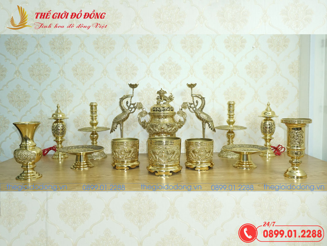 bo-do-tho-14-mon-dinh-rong-mau-vang-bong-cao-40cm-01 bộ đồ thờ 14 món đỉnh rồng màu vàng bóng cao 40cm - 01