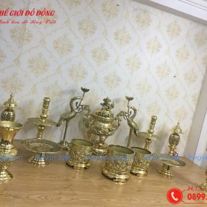 bộ đồ thờ 14 món đỉnh rồng màu vàng bóng cao 40cm - 02