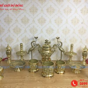 bộ đồ thờ 14 món đỉnh rồng màu vàng bóng cao 40cm - 03