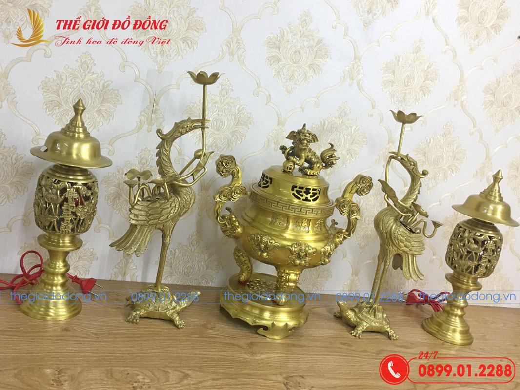 bo-do-tho-5-mon-dinh-doi-dao-mau-vang-dam-cao-40cm-02 bộ đồ thờ 5 món đỉnh dơi đào màu vàng đậm cao 40cm - 02