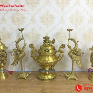 bộ đồ thờ 5 món đỉnh dơi đào màu vàng đậm cao 40cm - 03