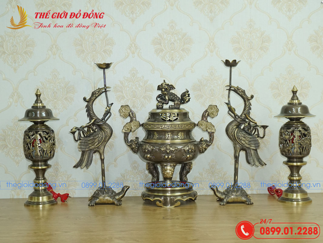 bo-do-tho-5-mon-dinh-doi-dao-mau-xanh-cao-cao-40cm-01 bộ đồ thờ 5 món đỉnh dơi đào màu xanh cạo cao 40cm - 01
