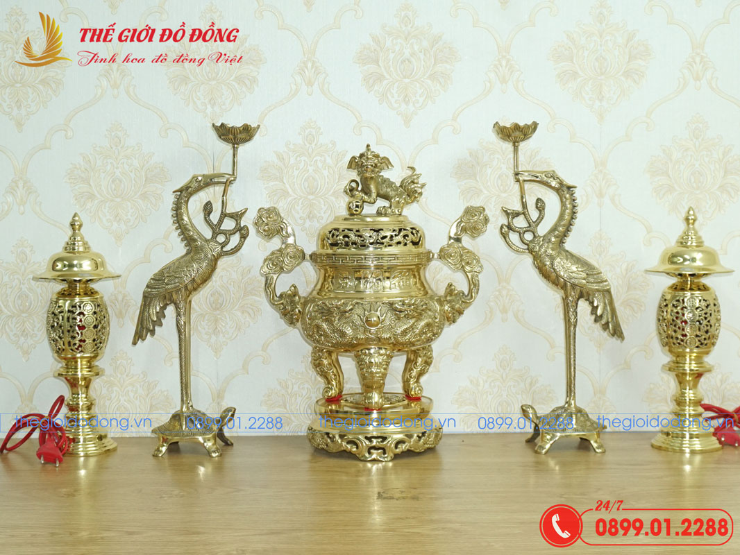 bo-do-tho-5-mon-dinh-rong-mau-vang-bong-cao-40cm-01 bộ đồ thờ 5 món đỉnh rồng màu vàng bóng cao 40cm - 01