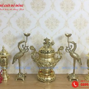 bộ đồ thờ 5 món đỉnh rồng màu vàng bóng cao 40cm - 02