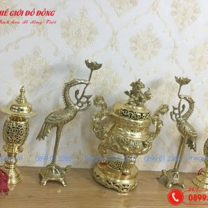 bộ đồ thờ 5 món đỉnh rồng màu vàng bóng cao 40cm - 03